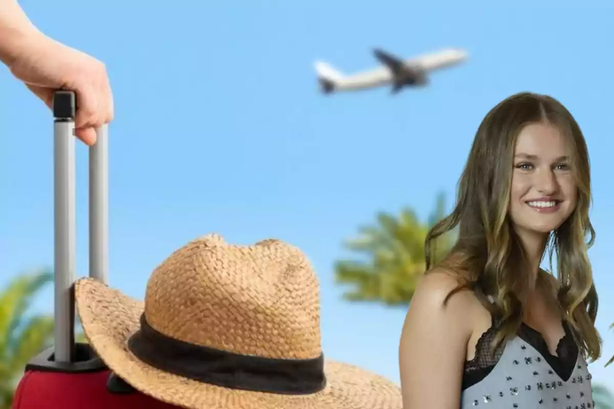 Una mujer sonriente junto a una maleta con un sombrero de paja, con un avión volando en el cielo azul de fondo.
