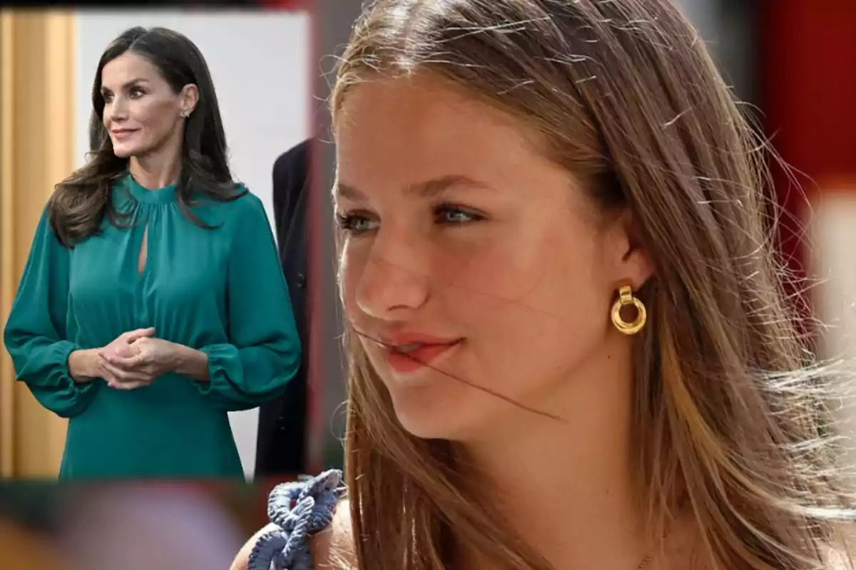 Una mujer joven con cabello rubio y aretes dorados, junto a una imagen insertada de otra mujer con cabello oscuro y un vestido verde.