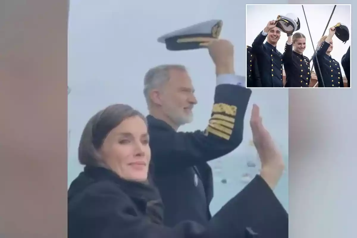 Una mujer y un hombre en uniforme naval saludan mientras están de pie al aire libre con un grupo de personas en uniforme en un recuadro en la esquina superior derecha.