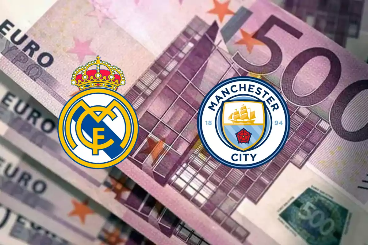 Logos de los equipos de fútbol Real Madrid y Manchester City sobre billetes de 500 euros.