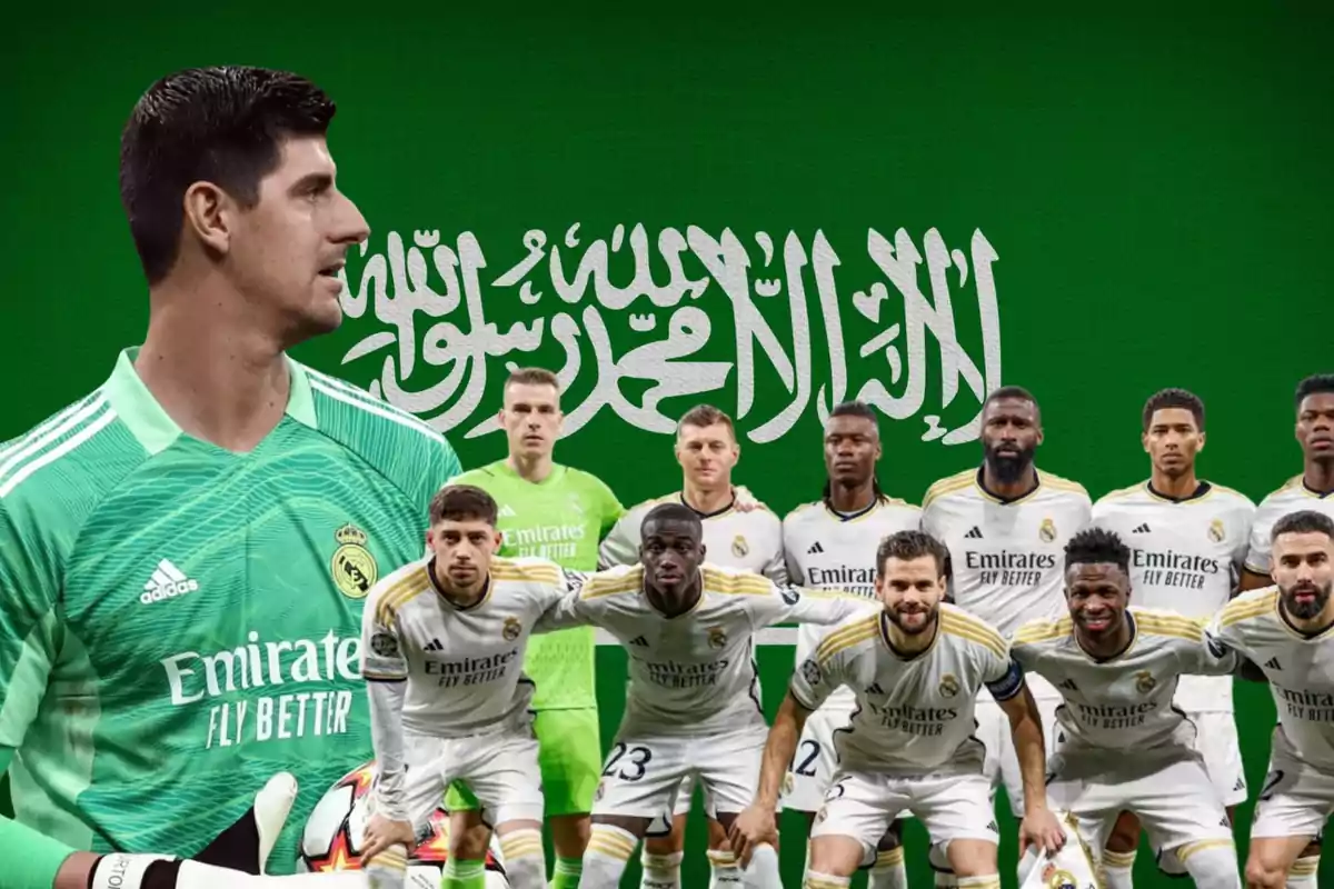 Jugadores del Real Madrid posando frente a una bandera verde con escritura árabe.