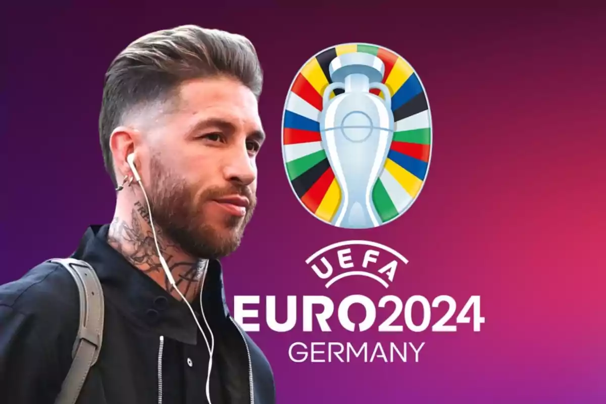 Sergio Ramos con unos cascos puestos y de fondo el logo de la Eurocopa de Fútbol 2024