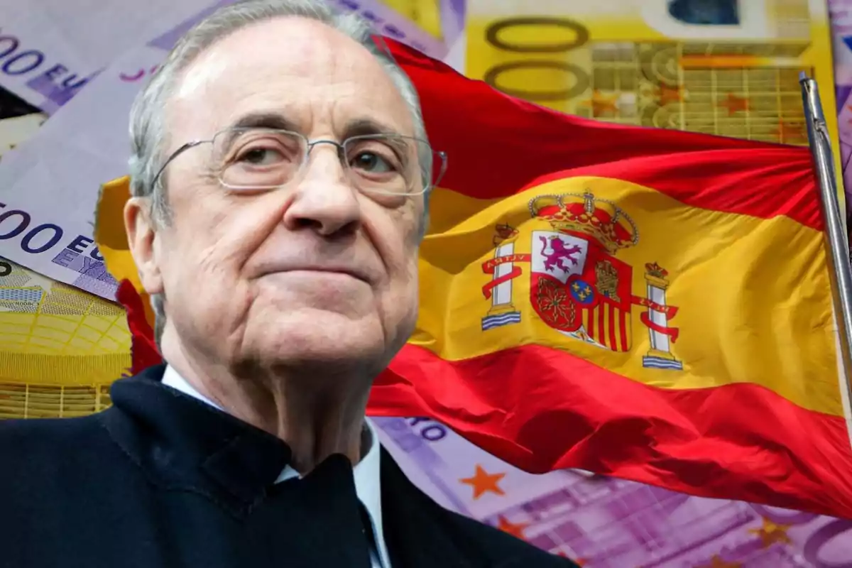 Hombre mayor con gafas frente a una bandera de España y billetes de euro.