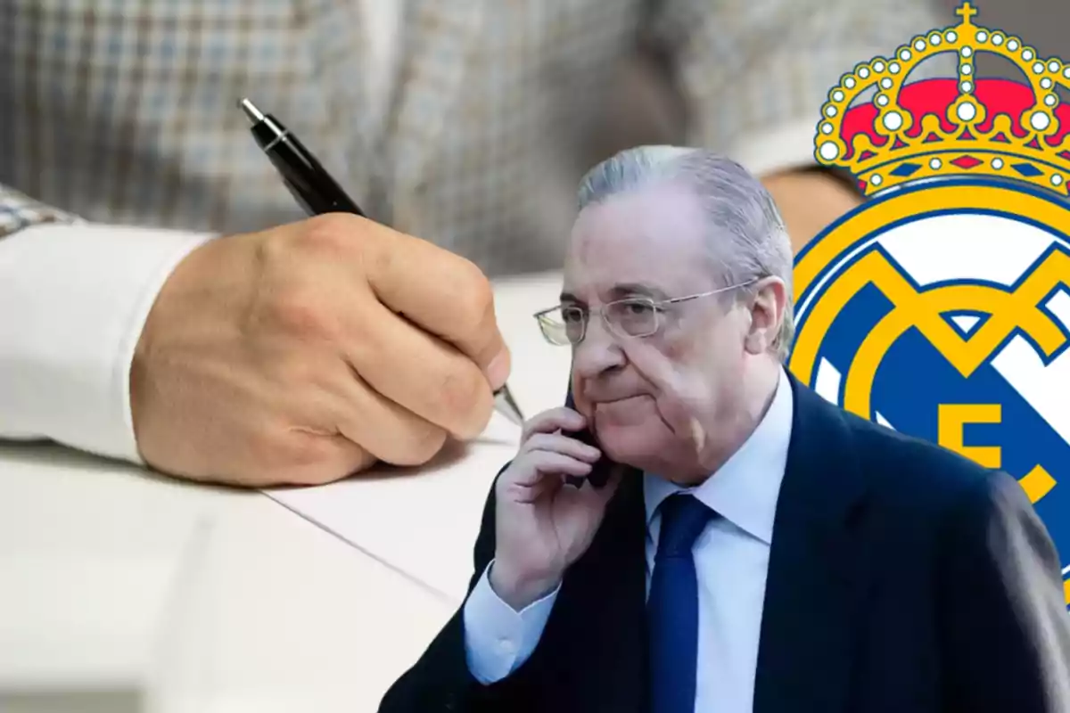 Florentino Pérez hablando por teléfono, detrás suya el escudo del Real Madrid, y de fondo, una mano firmando un documento