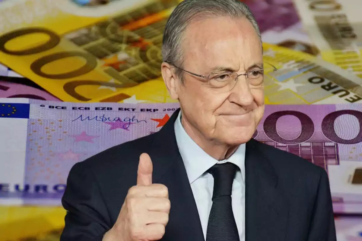 Florentino Pérez, con billetes de euro en el fondo.