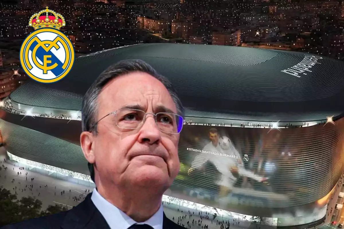 Hombre con gafas frente al estadio Santiago Bernabéu iluminado por la noche con el logo del Real Madrid en la esquina.