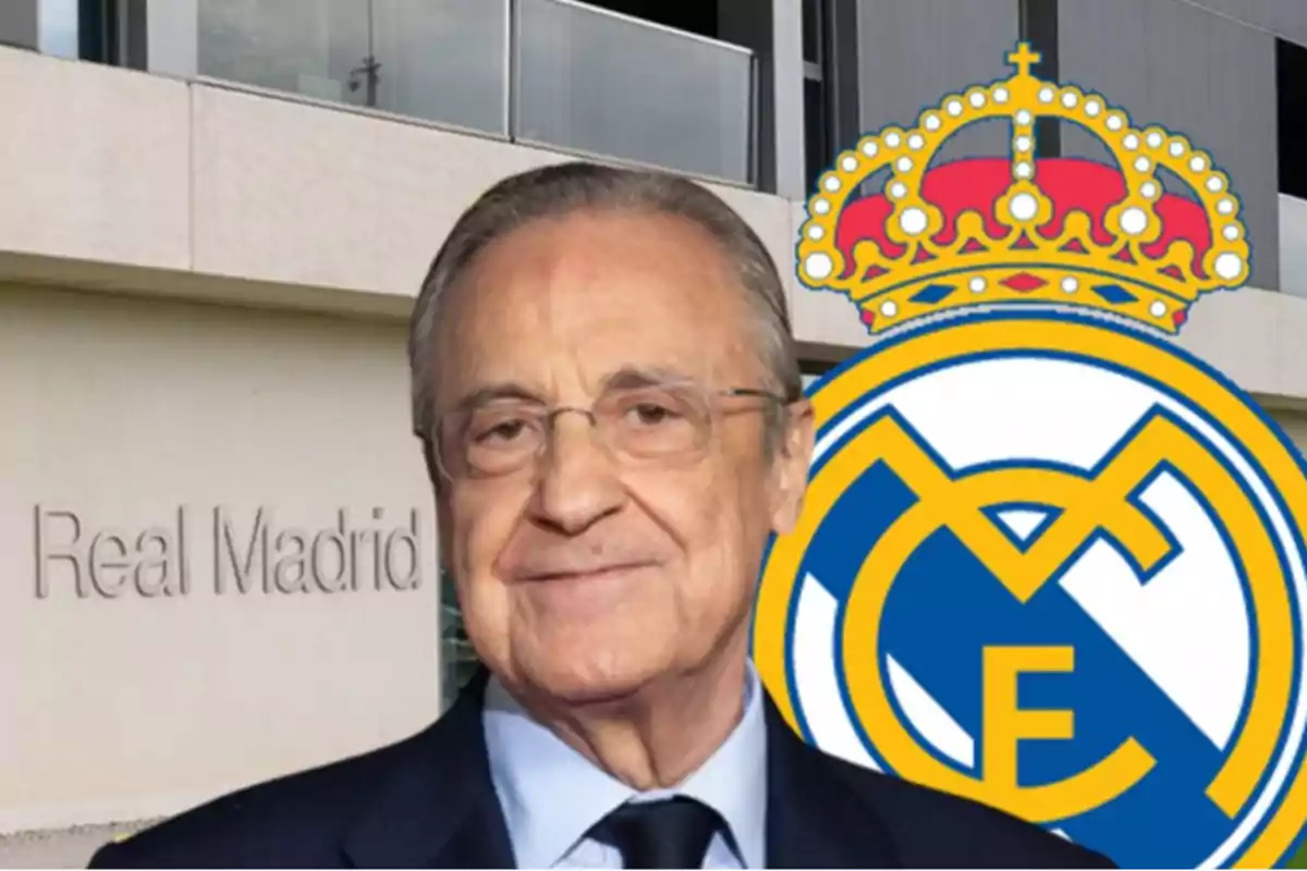 Florentino Pérez frente a un edificio con el logo del Real Madrid.