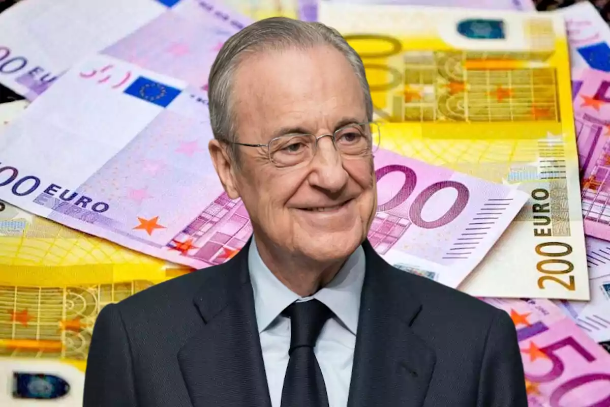 Florentino Pérez frente a un fondo de billetes de euro.