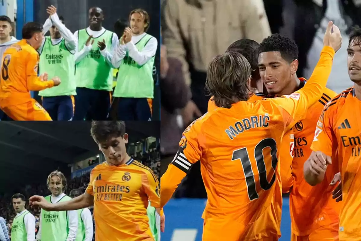 Jugadores del Real Madrid celebran en el campo con entusiasmo y camaradería. Jugadores del Real Madrid celebran en el campo con entusiasmo y camaradería.