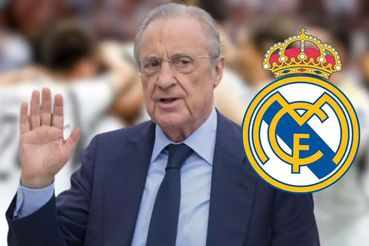 Florentino Pérez, junto al escudo del Real Madrid.