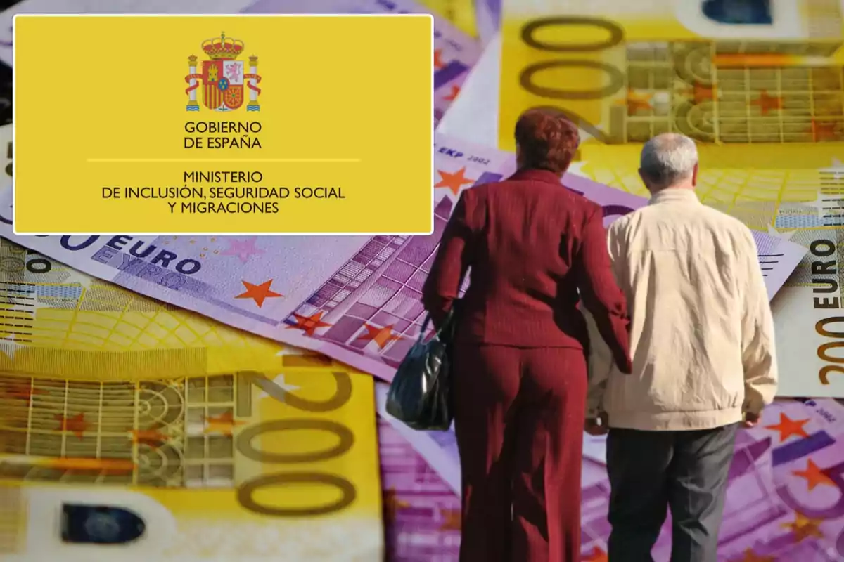 Imagen del Ministerio de Inclusión, Seguridad Social y Migraciones del Gobierno de España, con un fondo de billetes de euro y una pareja de personas mayores caminando.