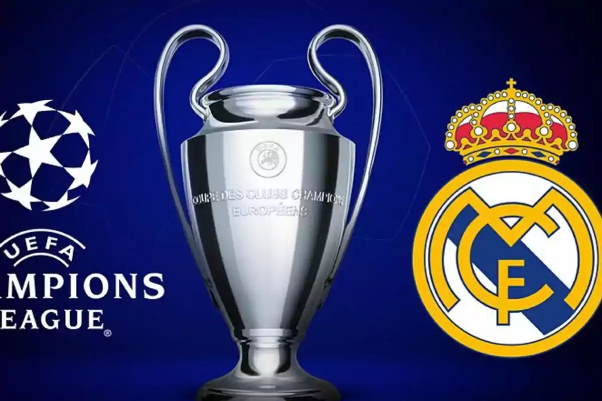 Trofeo de la UEFA Champions League con el logo del Real Madrid a la derecha y el logo de la UEFA Champions League a la izquierda.