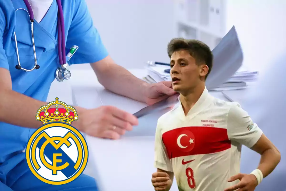 Un médico con bata azul y estetoscopio, el logo del Real Madrid y un jugador de fútbol con la camiseta de Turquía.