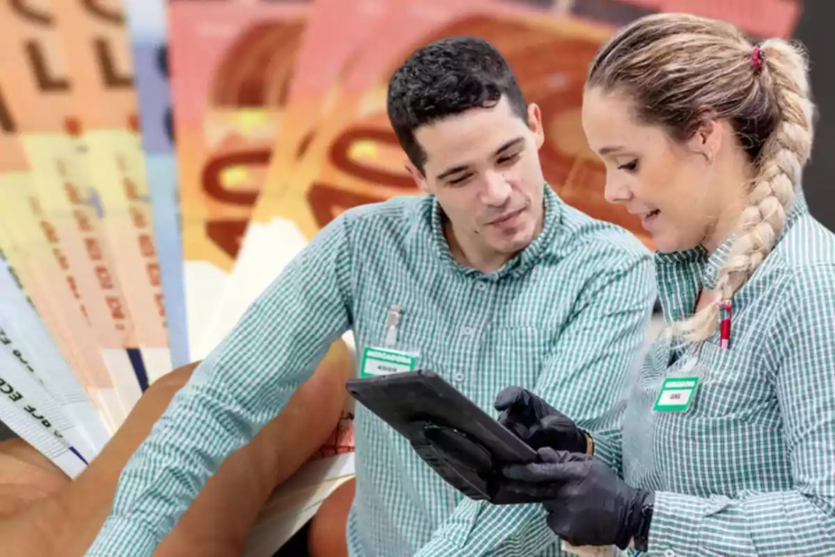 Dos empleados con uniformes de cuadros verdes revisan una tableta mientras están de pie frente a un fondo de billetes.