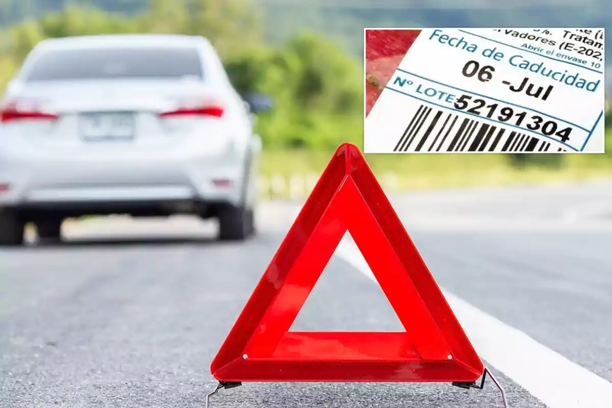 Un coche blanco detenido en la carretera con un triángulo de emergencia rojo en primer plano y un recuadro que muestra una etiqueta con la fecha de caducidad del 06 de julio y el número de lote 52191304.