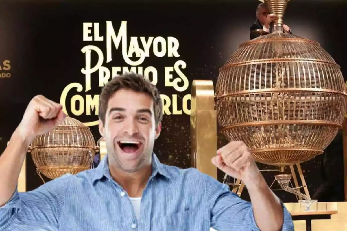 Un hombre sonriente con los puños levantados frente a una gran esfera de lotería y un cartel que dice "El mayor premio es compartirlo".