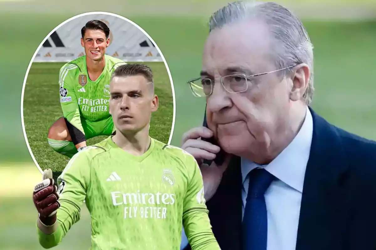 Un hombre mayor con gafas y traje habla por teléfono mientras dos jugadores de fútbol con uniformes verdes del Real Madrid aparecen en la imagen, uno de ellos en un recuadro.