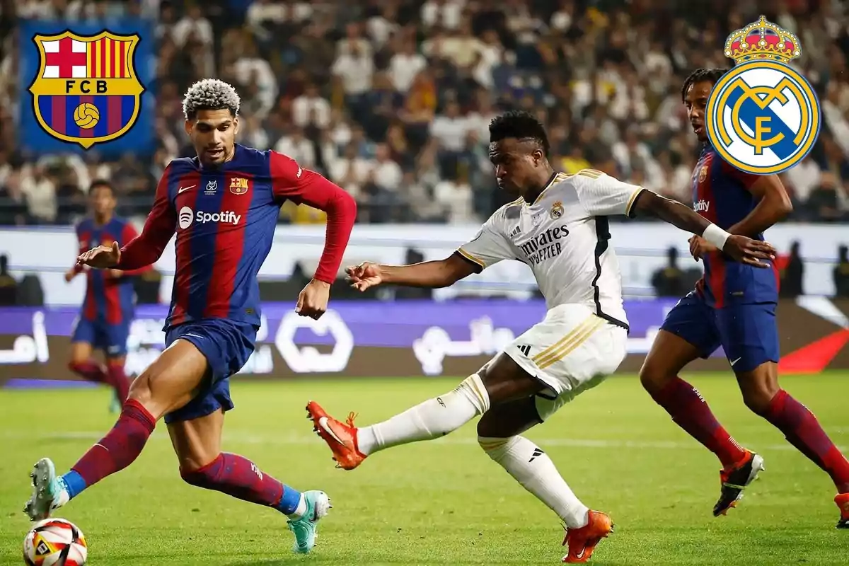 Jugadores de los equipos FC Barcelona y Real Madrid compitiendo en un partido de fútbol.