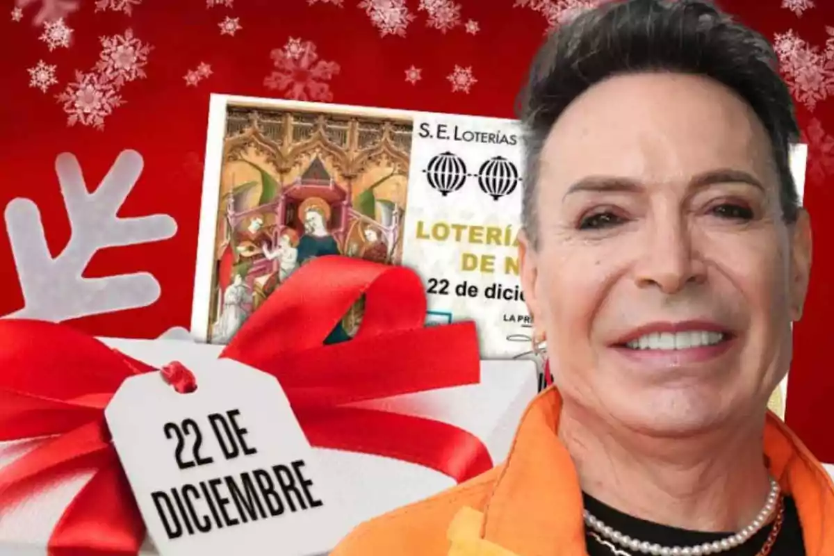 Una persona sonriente con fondo navideño y un boleto de lotería de Navidad del 22 de diciembre.