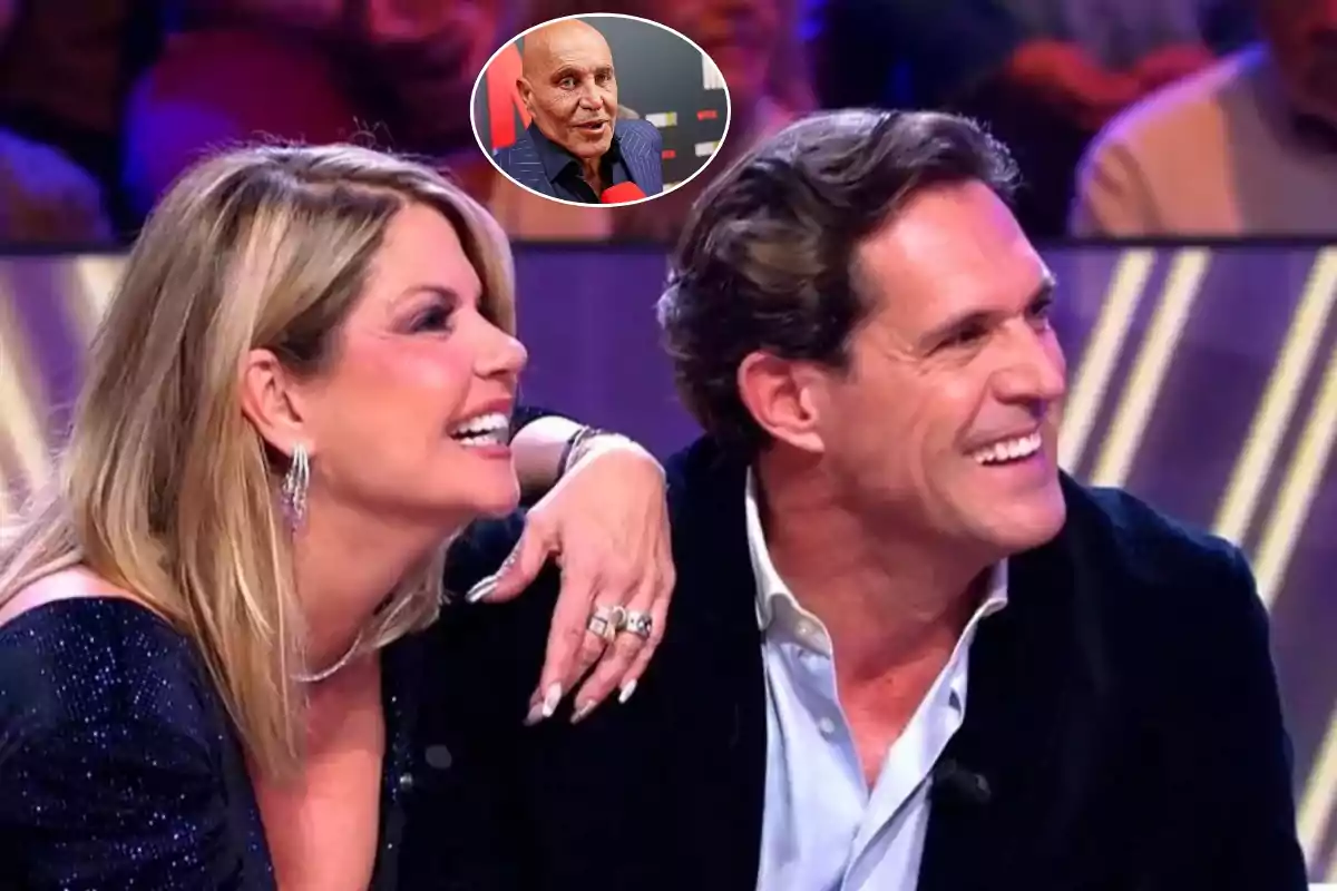 Una pareja sonriente en un programa de televisión con un hombre mayor en un recuadro en la parte superior.