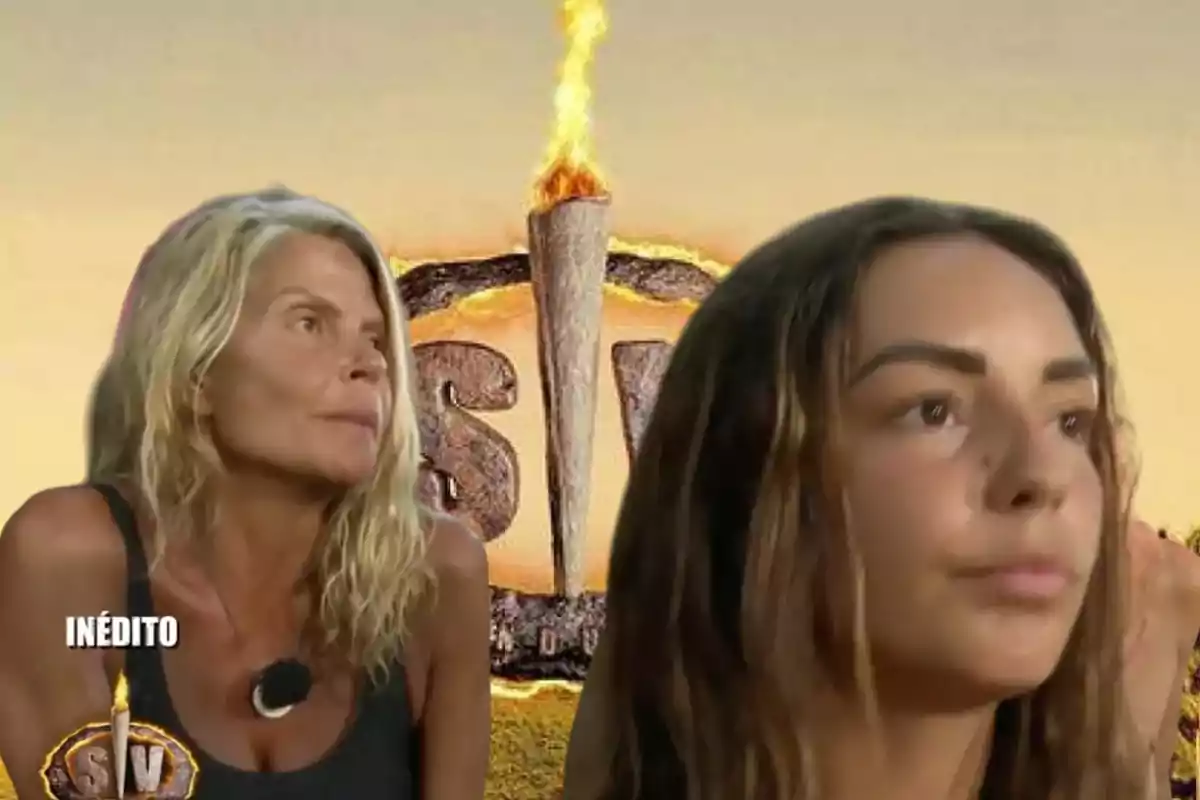 Dos mujeres con expresión seria aparecen en primer plano con un fondo de antorcha encendida y el logo de un reality show de supervivencia.