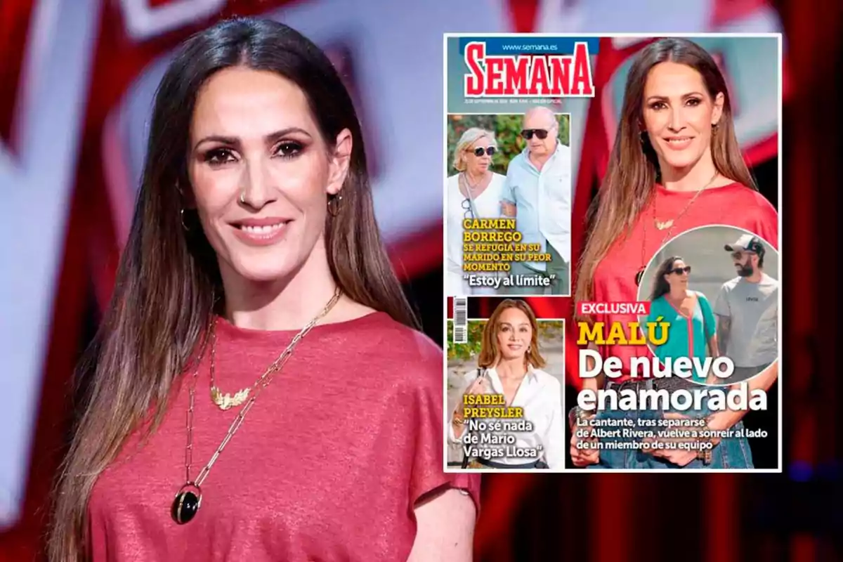 Una mujer con cabello largo y lacio, usando una camiseta roja y un collar, aparece junto a una portada de la revista Una mujer con cabello largo y lacio, usando una camiseta roja y un collar, aparece junto a una portada de la revista