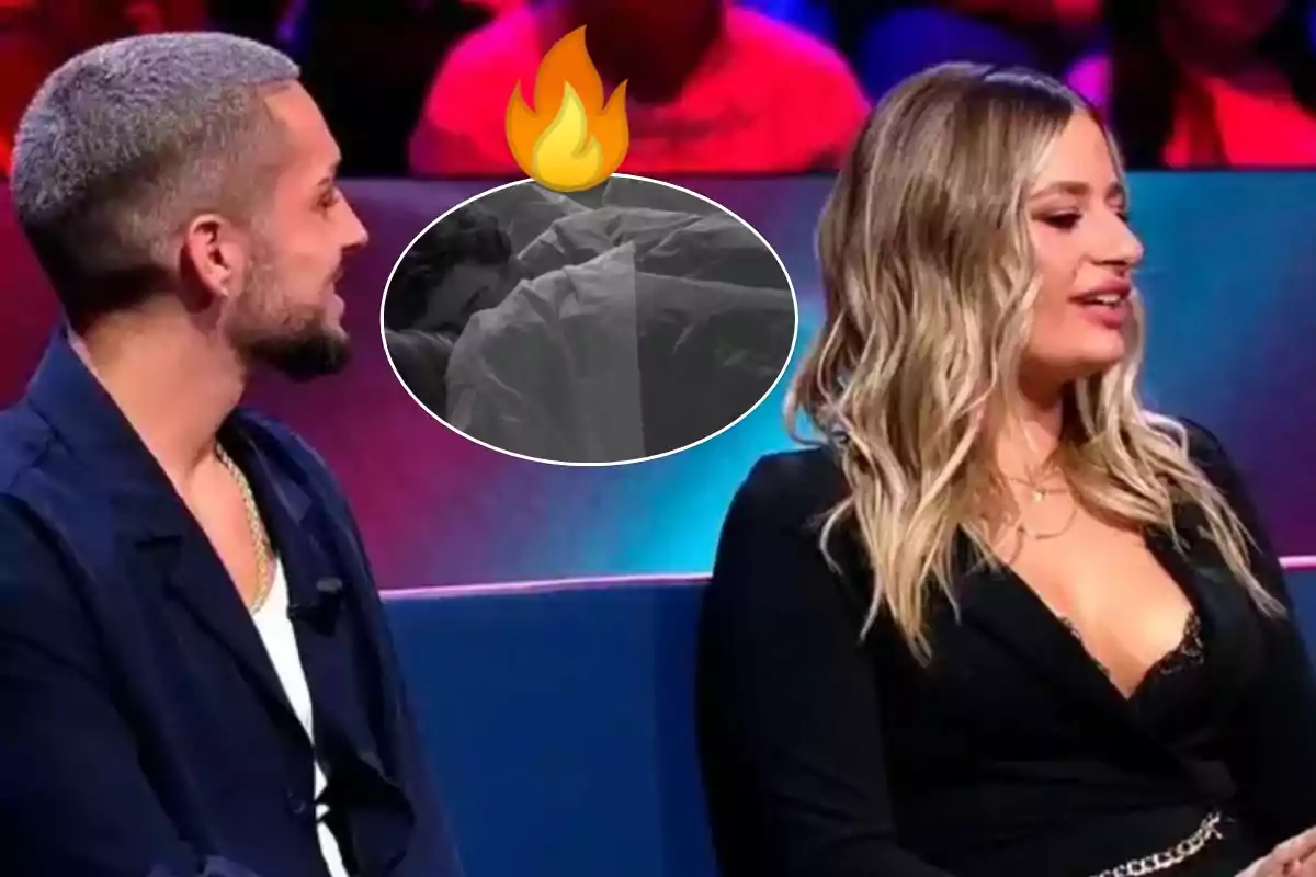 Dos personas sentadas en un programa de televisión con una imagen superpuesta en blanco y negro de alguien durmiendo y un emoji de fuego encima.