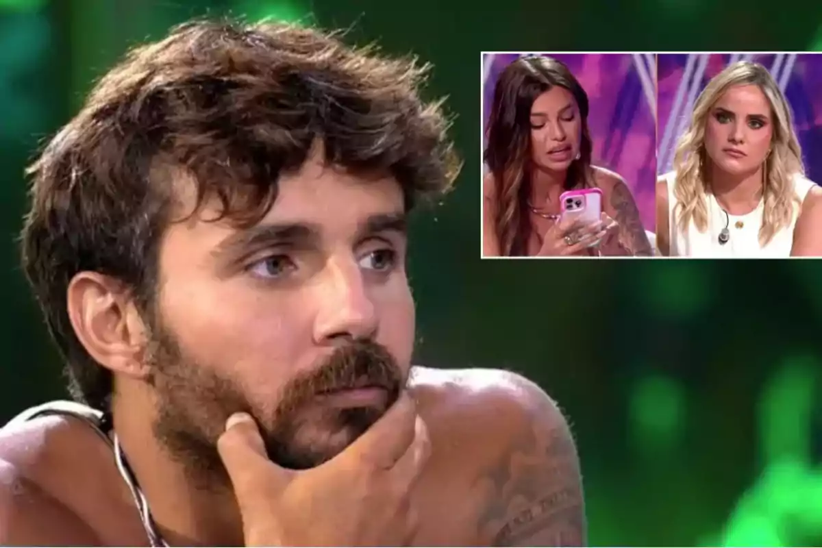 Un hombre con expresión pensativa y dos mujeres en un recuadro pequeño en un programa de televisión.