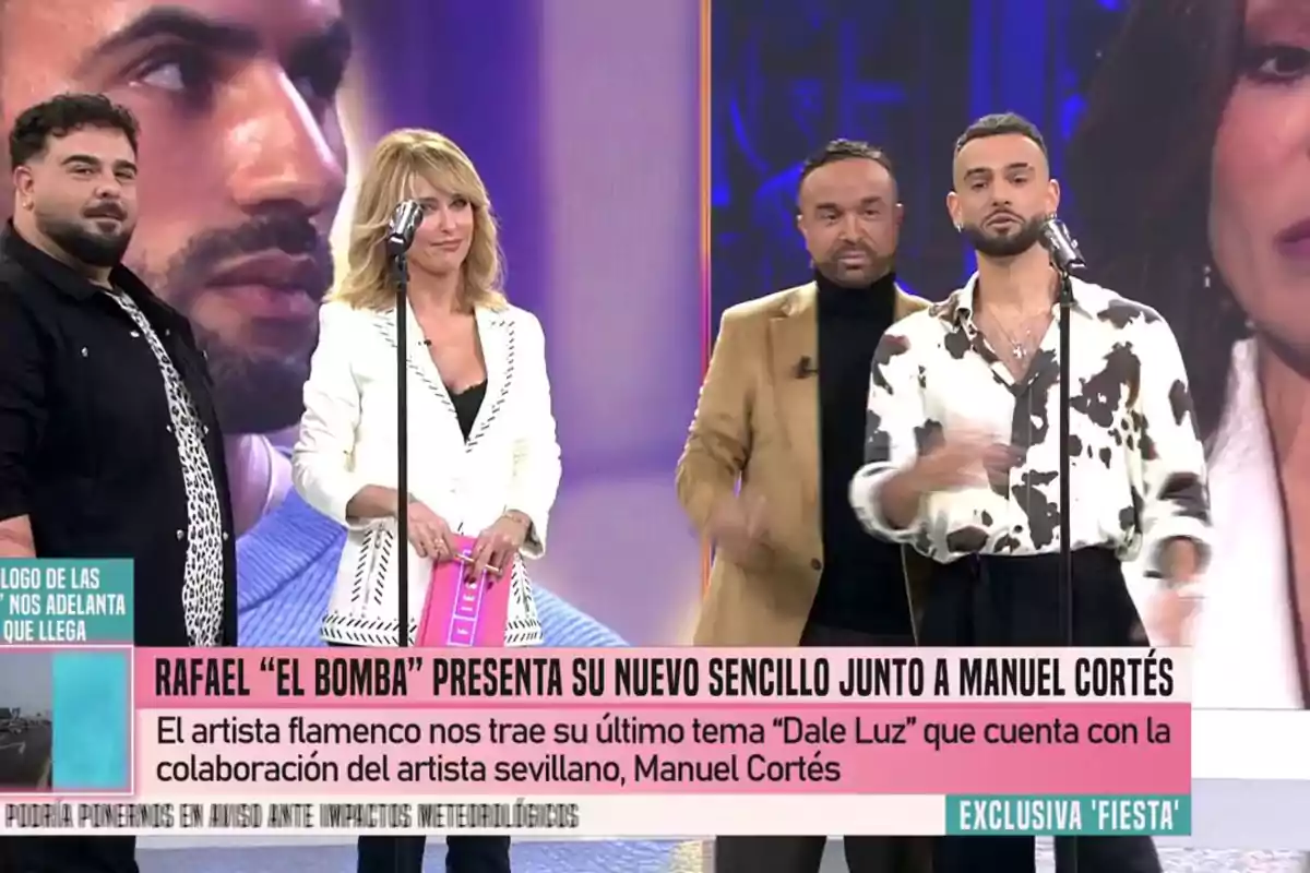 Un grupo de personas está en un escenario de televisión presentando un nuevo sencillo de música flamenca.