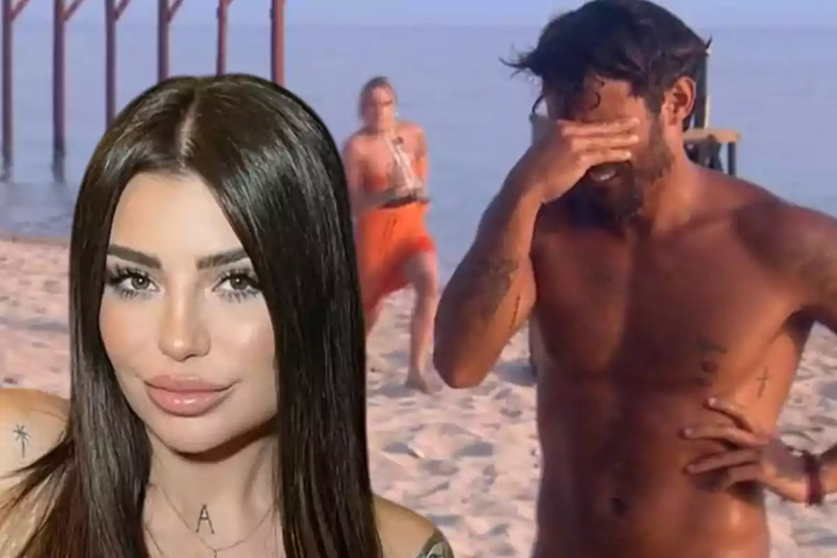 Una mujer con cabello oscuro y liso aparece en primer plano, mientras que al fondo en la playa hay un hombre sin camisa cubriéndose el rostro y una persona caminando.