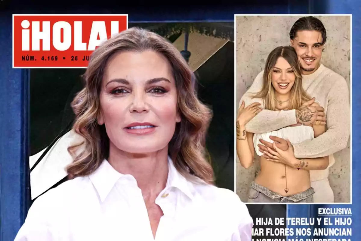 Mar Flores delante de la portada de la revista ¡Hola! donde aparece la exclusiva del embarazo de Alejandra Rubio y Carlo Costanzia