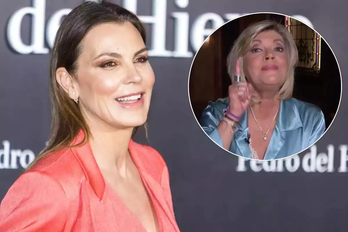 Una mujer sonriente con un vestido coral en un evento, con un recuadro que muestra a otra mujer gesticulando.