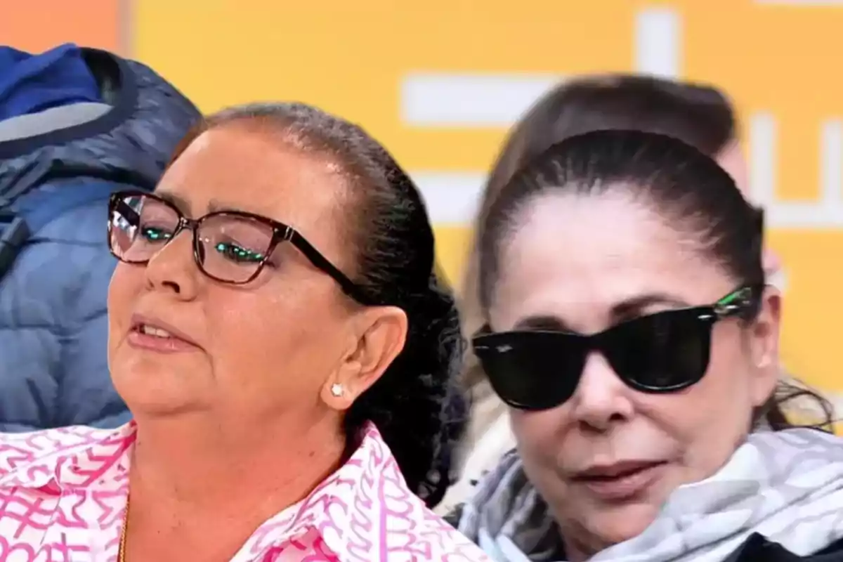 Dos mujeres con gafas, una con camisa rosa y otra con gafas de sol, en un fondo amarillo.