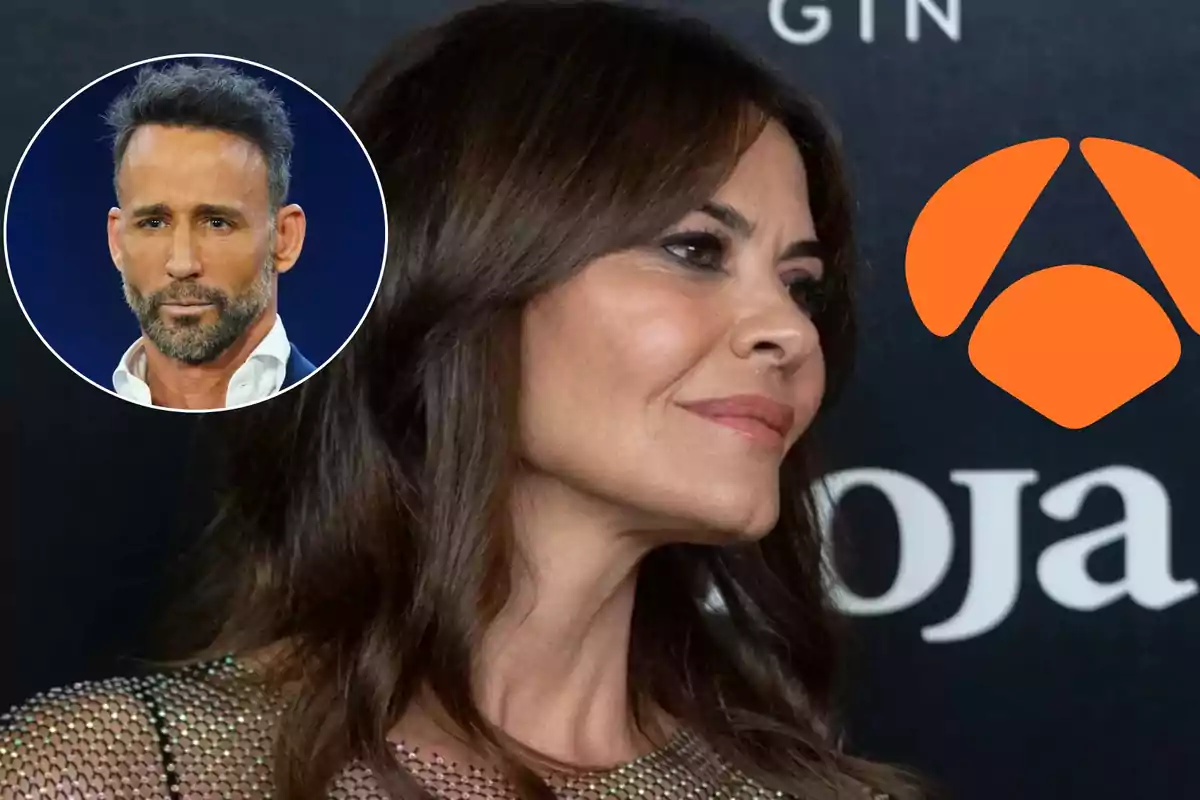 Una mujer de perfil con cabello oscuro y largo, con un hombre en un recuadro circular en la esquina superior izquierda y un logotipo naranja en la esquina derecha.