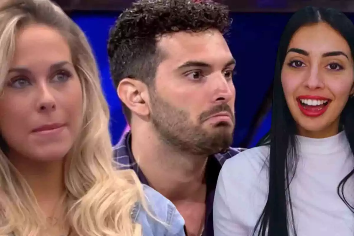 Tres personas en un programa de televisión, una mujer rubia, un hombre con expresión seria y una mujer morena sonriendo.