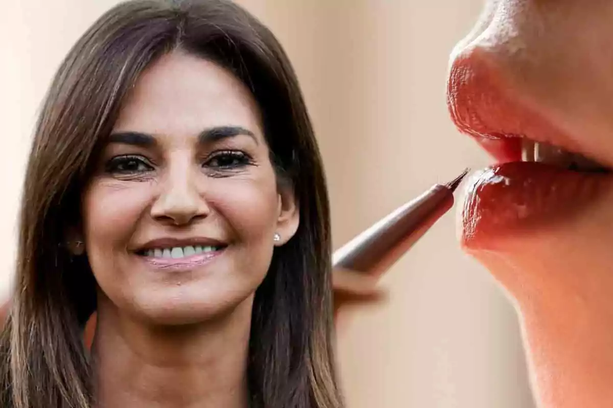 Mujer sonriendo con cabello castaño y primer plano de labios siendo maquillados con delineador.