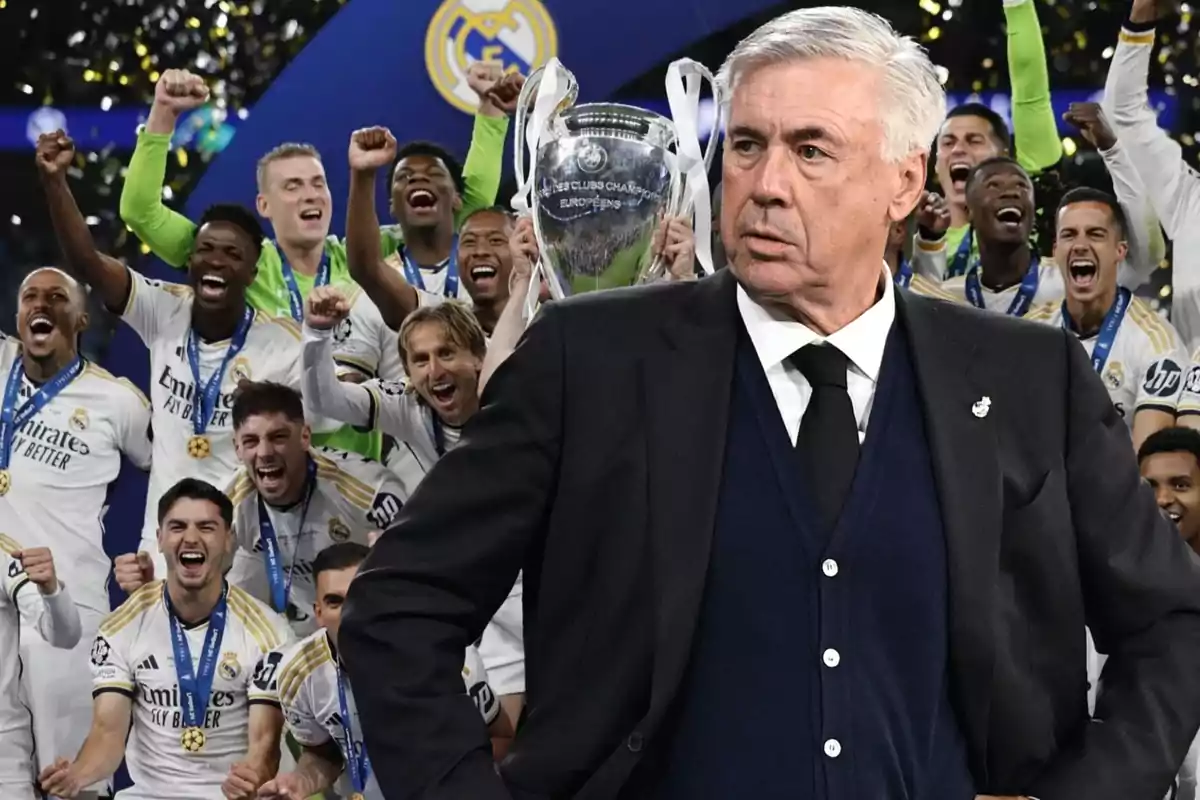 Entrenador y jugadores del Real Madrid celebrando la victoria con el trofeo de la UEFA Champions League.