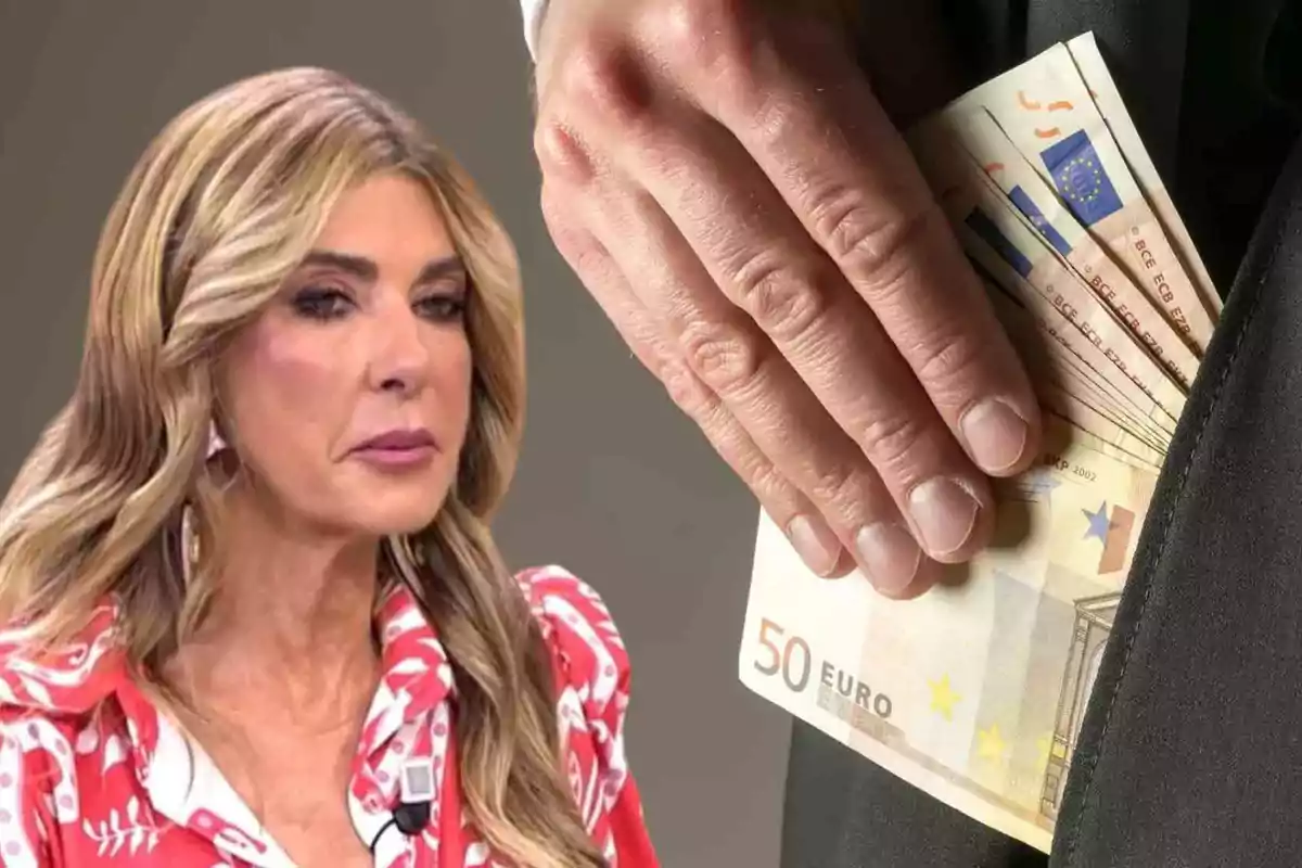 Una mujer con expresión seria y una mano guardando billetes de 50 euros en un bolsillo.