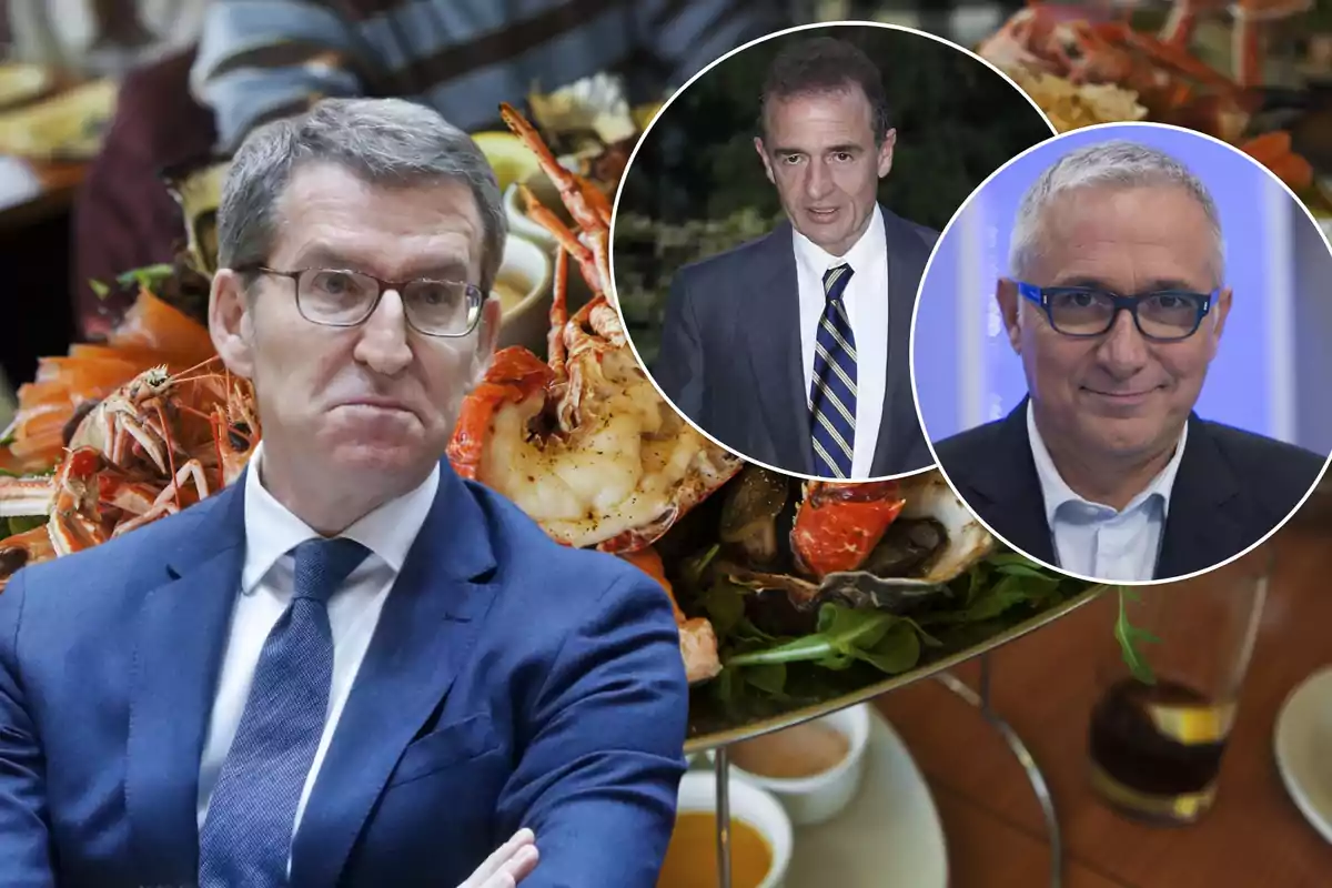 Un hombre con gafas y traje azul aparece en primer plano con una expresión seria, mientras que en el fondo se ve una mesa con mariscos y dos hombres en círculos superpuestos, uno con traje y corbata y el otro con gafas y traje oscuro.