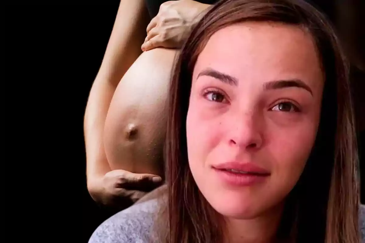Mujer con expresión triste en primer plano y al fondo una imagen de un vientre de embarazada con las manos sobre él
