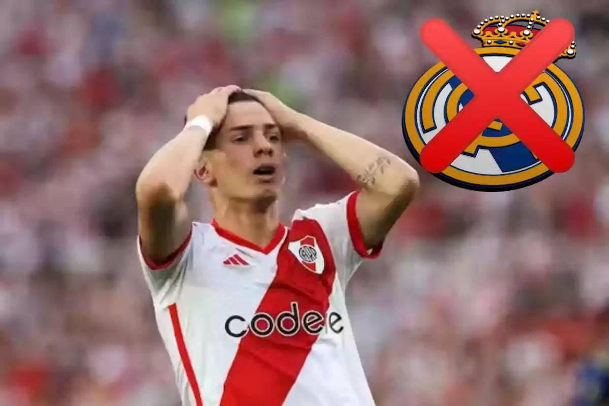 Un jugador de fútbol con la camiseta de River Plate se lleva las manos a la cabeza, mientras que el logo del Real Madrid aparece tachado con una cruz roja.