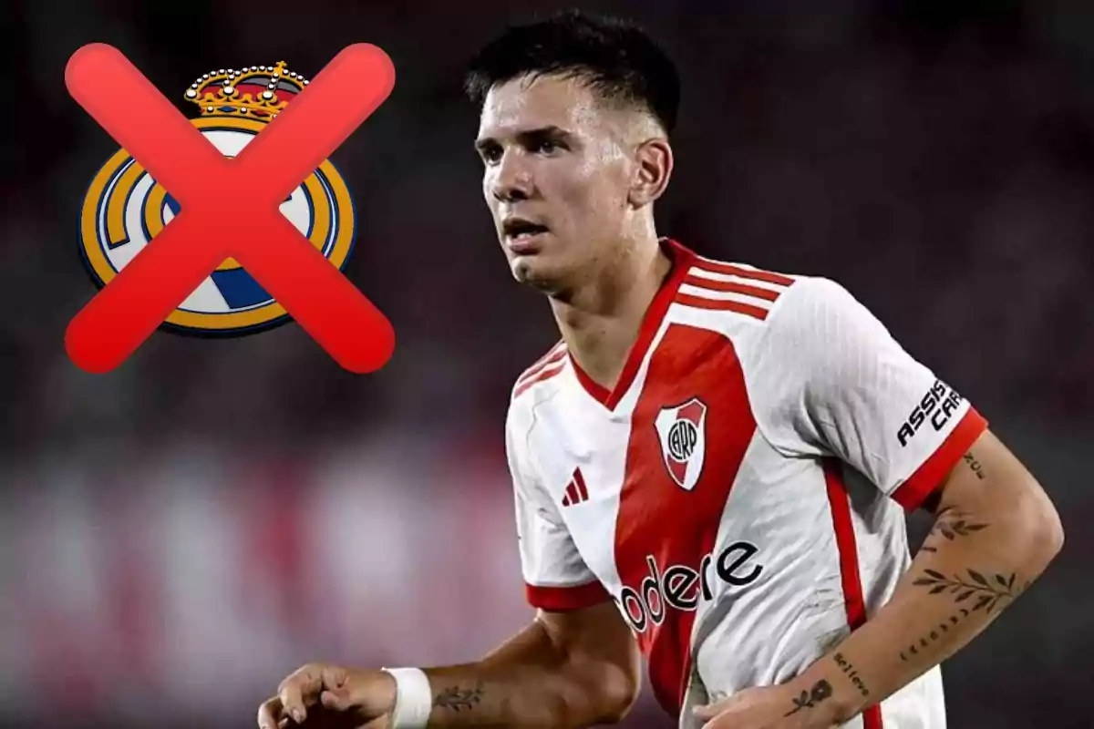 Un jugador de fútbol con el uniforme de River Plate y un logotipo del Real Madrid tachado con una X roja.