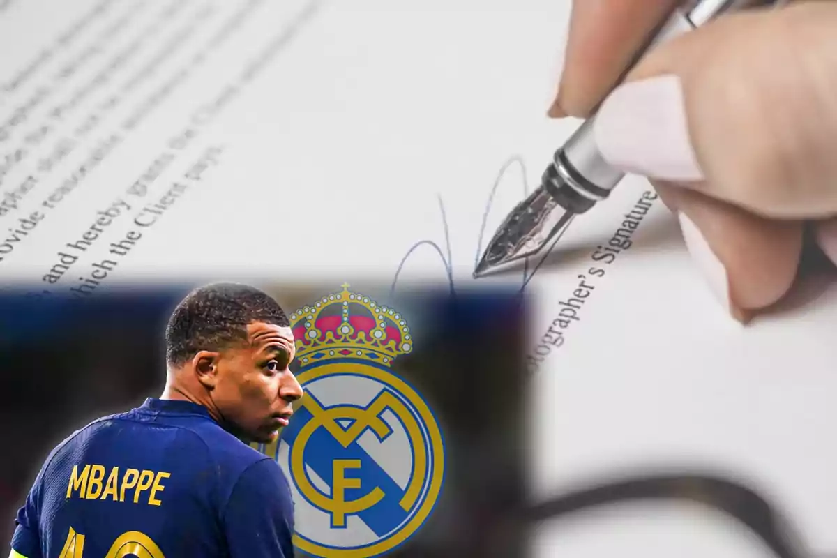 firma de un contrato con mbappe y el logo del Madrid al lado
