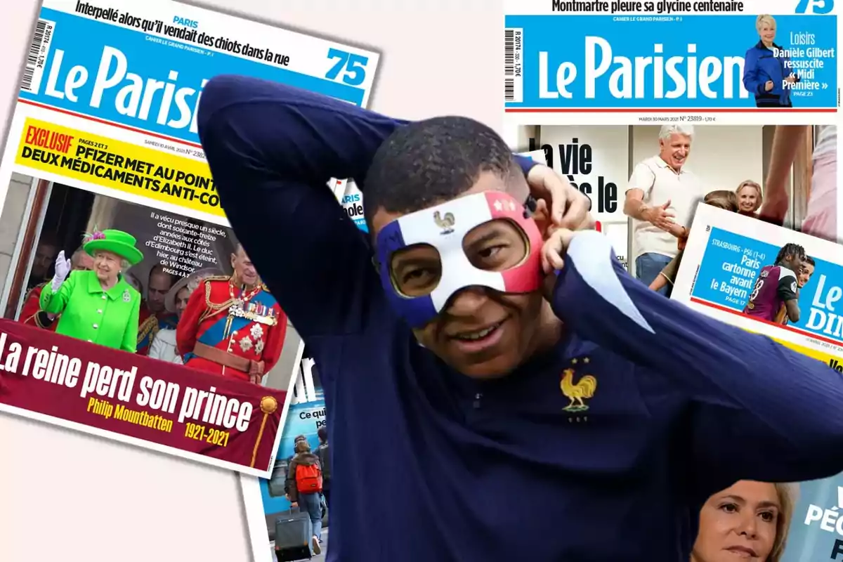 Un hombre con una máscara de la bandera francesa en el centro de una composición de portadas del periódico "Le Parisien".