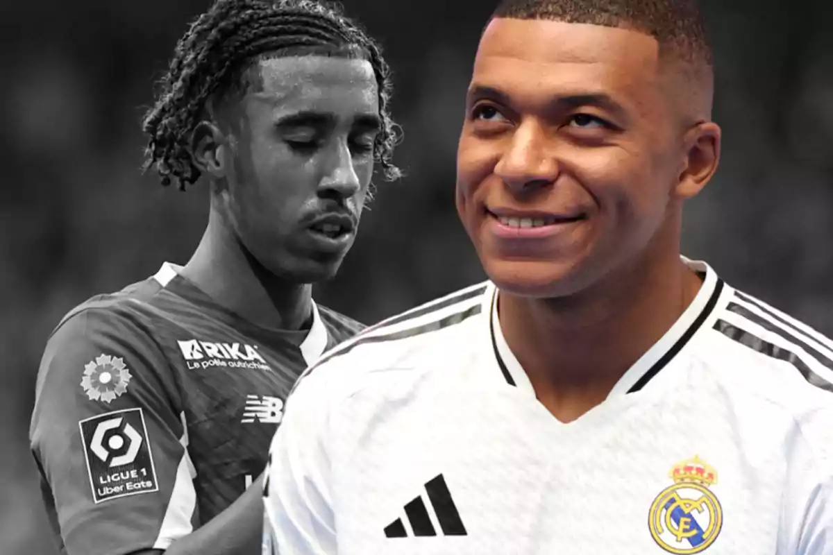 Mbappé y Leny Yoro de fondo en blanco y negro