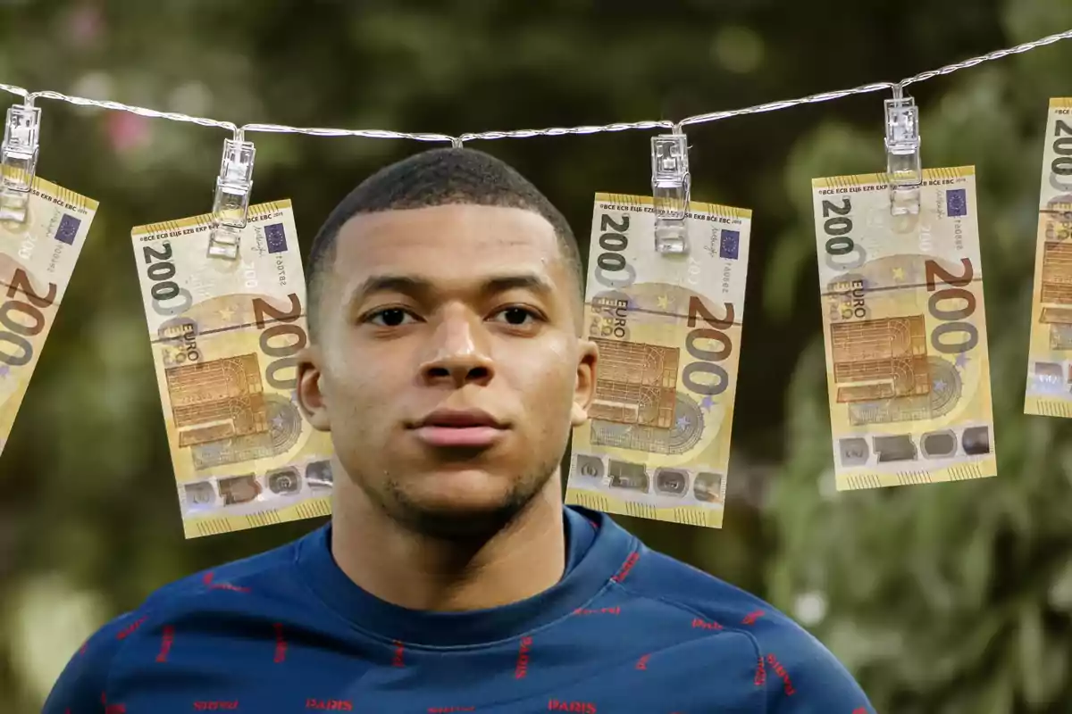 Kylian Mbappé con un tendedero de billetes de 200 euros detrás