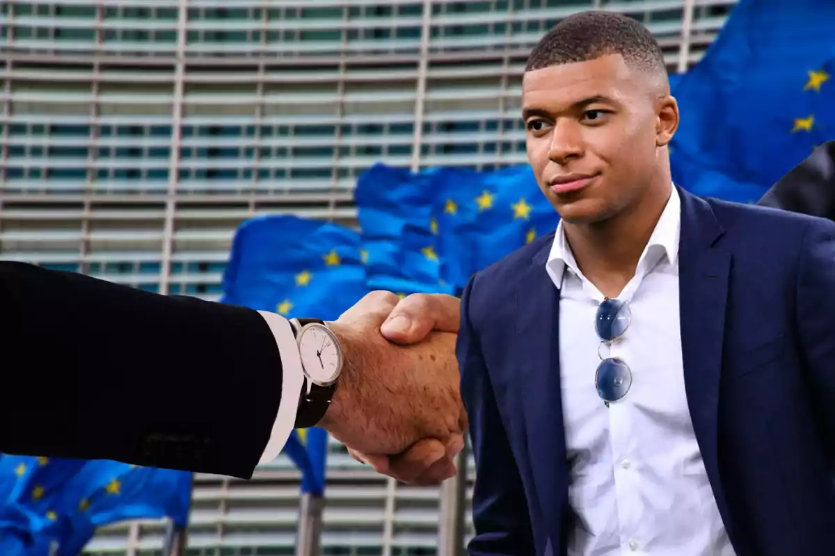 Mbappé con la bandera de la UE y un apretón de manos detrás