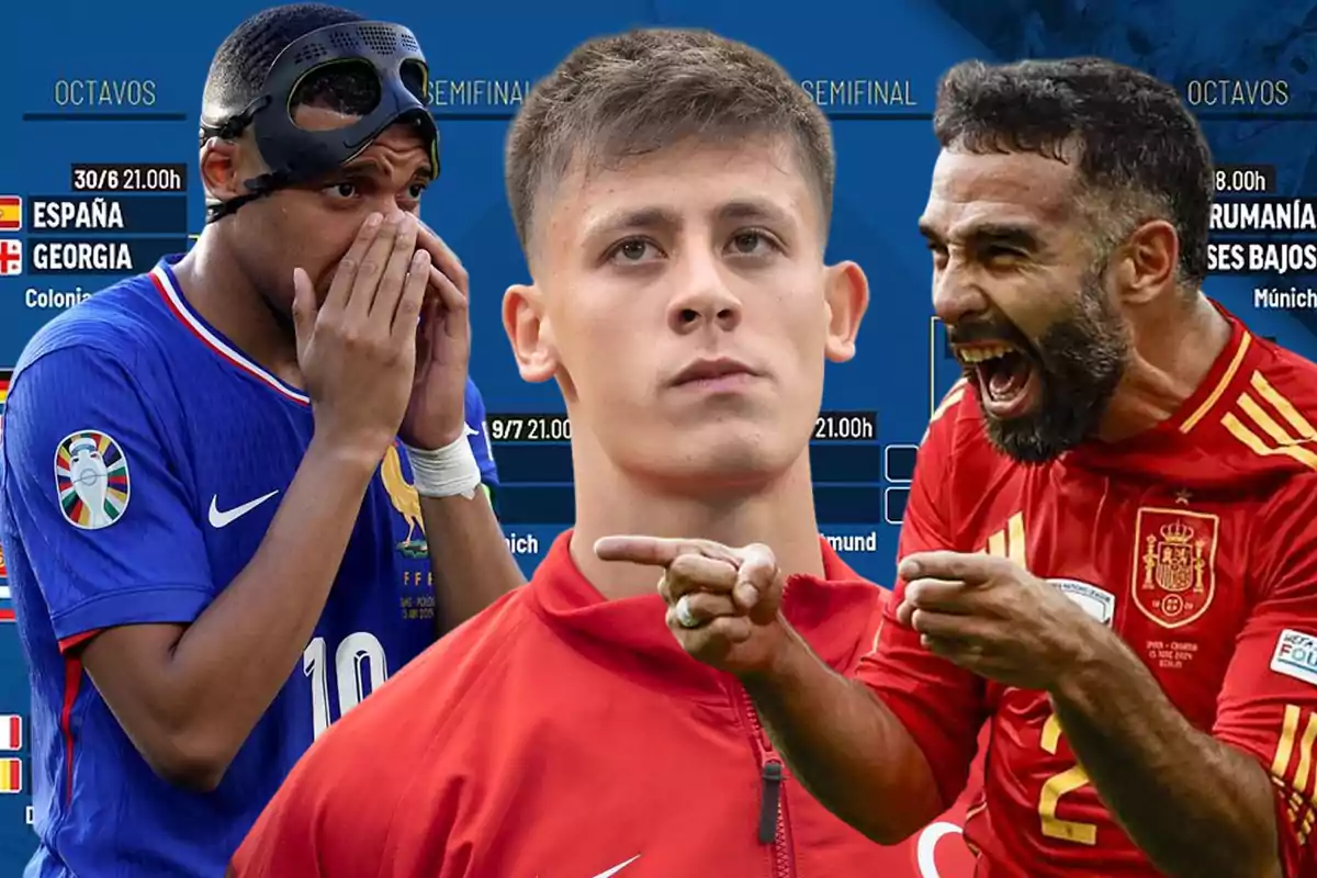 Jugadores de fútbol con uniformes de sus selecciones nacionales frente a un calendario de partidos.