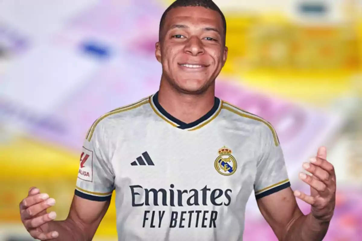 Mbappé del Real Madrid y fondo de billetes.