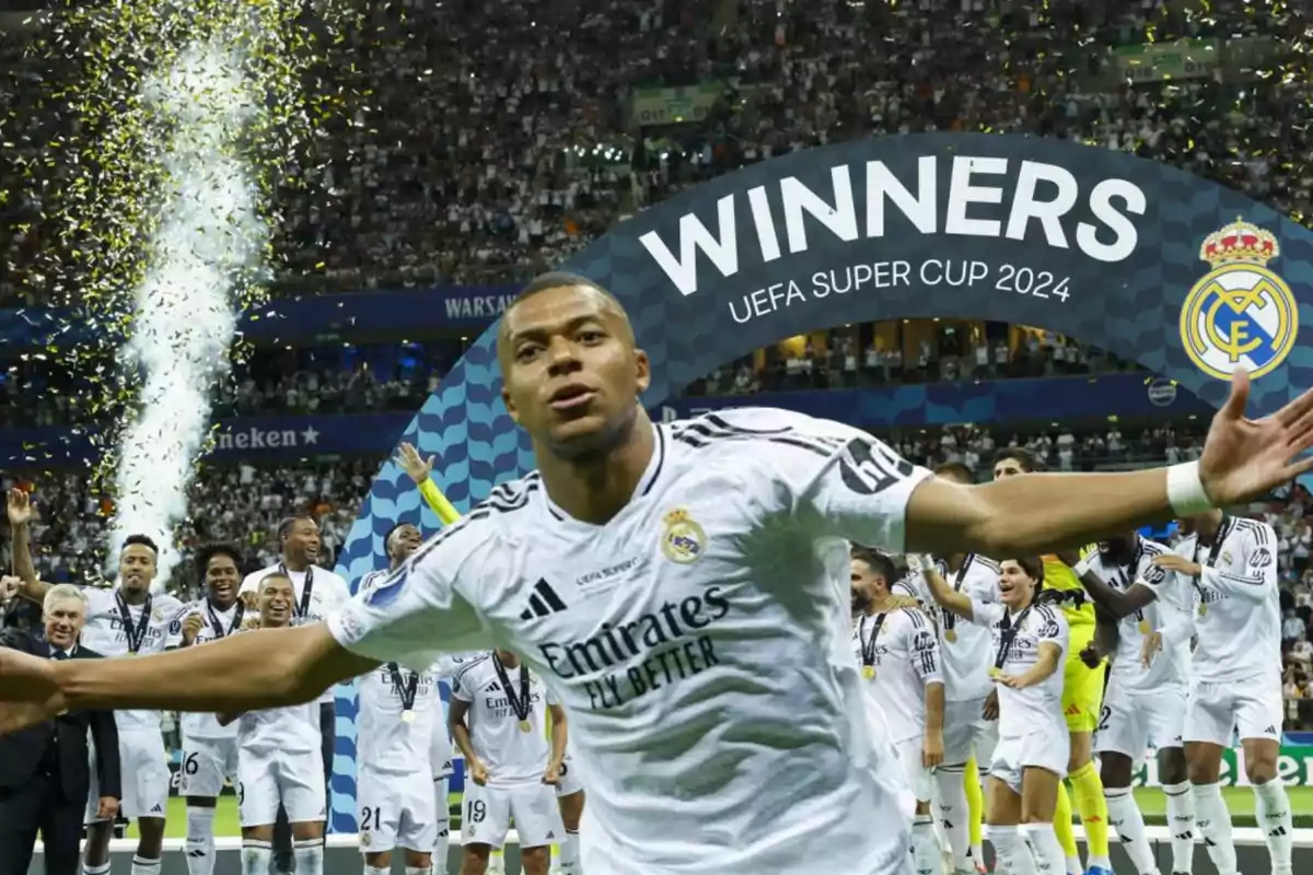 Jugadores del Real Madrid celebrando la victoria en la Supercopa de la UEFA 2024 con confeti y un cartel de ganadores en el fondo.